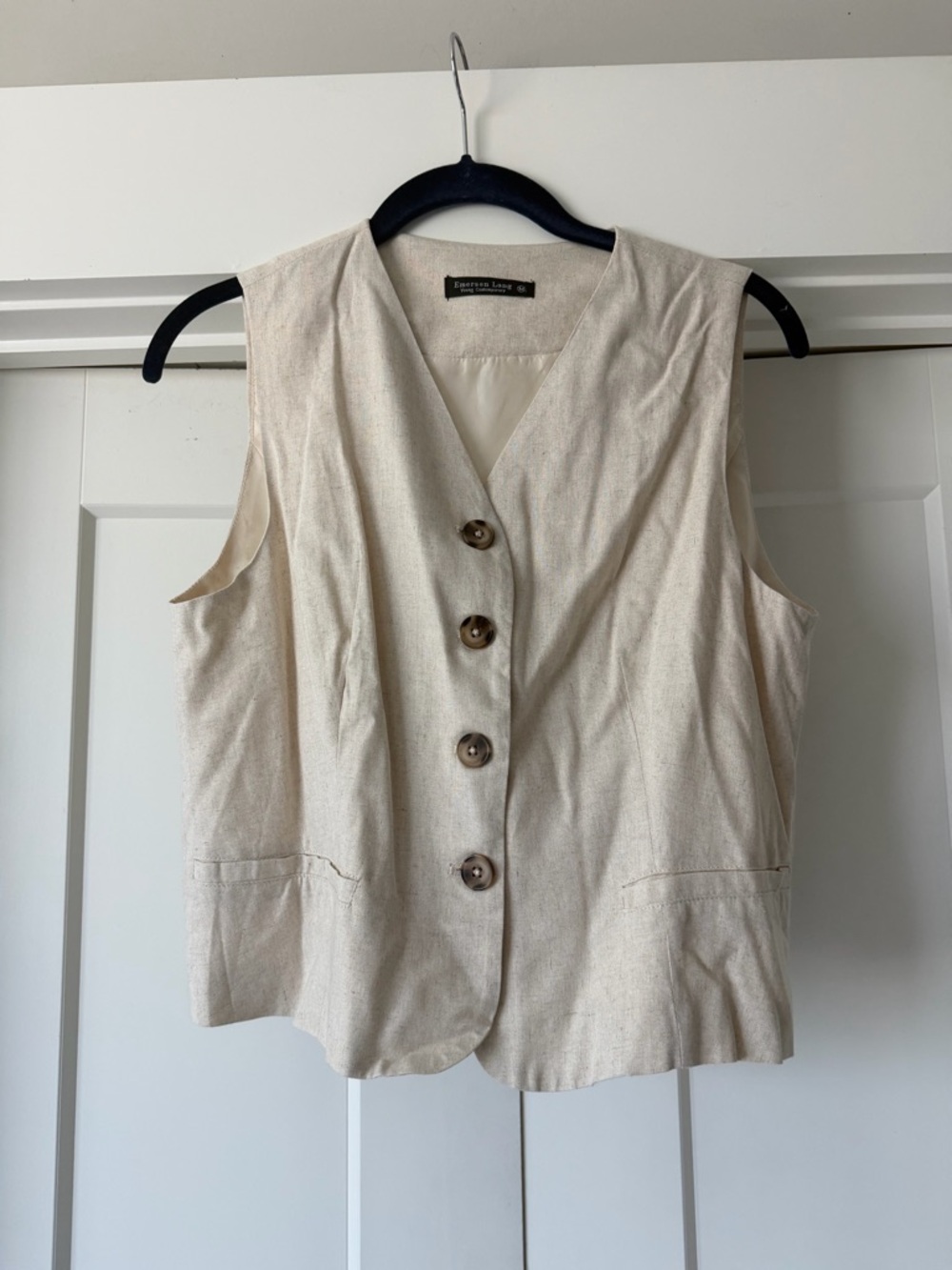 Neutral Linen Blend Button-Front Vest